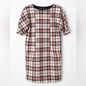ZARA Basic Plaid Shift Dress XS Red Navy Cream Textured Short Sleeve